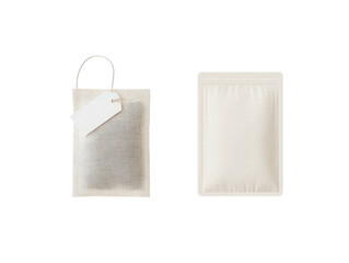 Two beige pouches, one with handle and tag