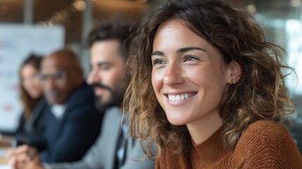 Fototapeta premium Woman smiles in meeting, looking hopeful, colleagues blurred in background, office, for business