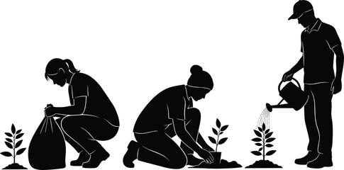 Set of gardening silhouettes, people planting trees, watering plants, and holding soil bags, vector illustration isolated on white background.