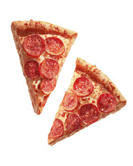 Two pepperoni pizza slices, overhead shot on black