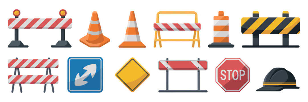 Traffic road repair barrier vector featuring safety barricades construction fences roadwork warning signs