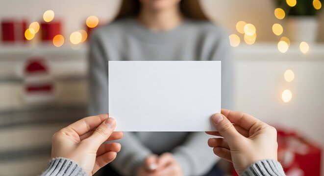  A person holding a blank white card in a cozy festive room