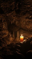Lit candle inside dark cave illuminated stalactites and shadowy environment
