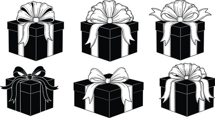 Set of six black gift boxes with ribbons and bows, decorative present silhouette collection, vector illustration isolated on white background for holidays.