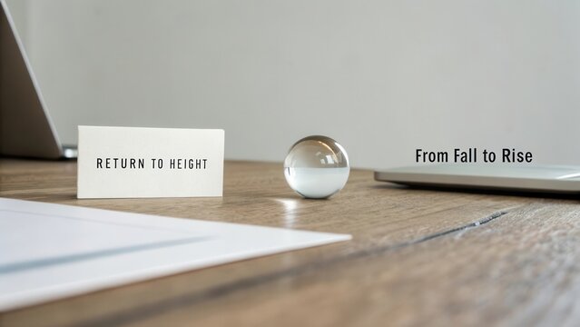 Inspirational workspace with motivational quote and glass orb emphasizing growth and resilience in a modern office setting