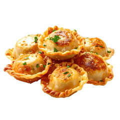 Savory fried meat pelmeni isolated on white background an ideal image for food blogs, ethnic cuisine, and easy meal preparation concepts