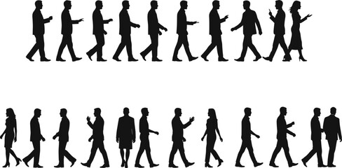 Corporate Business People Silhouettes Walking and Communicating, Representing Office Staff, Teamwork, Professional Collaboration, Networking, and Urban Life Vector