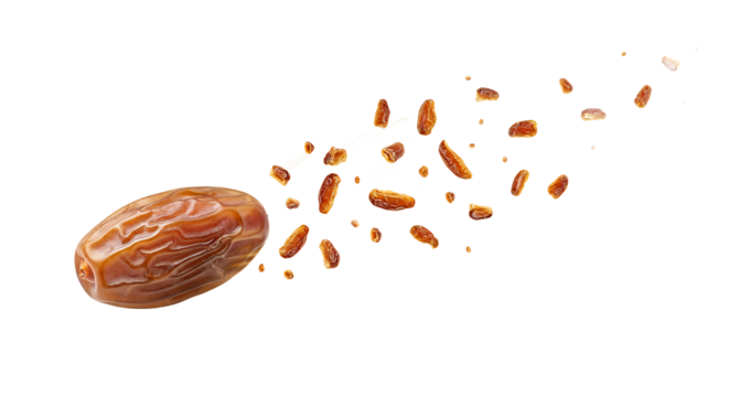 A single ripe date fruit in motion, breaking apart into a trail of small crumbles and pieces, captured in a dynamic explosion on a white background