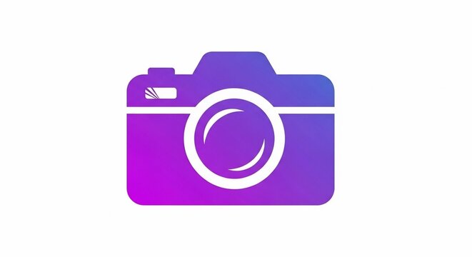 A vibrant purple and blue gradient camera icon with a white lens and flash detail on a white background. - Powered by Adobe