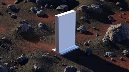 Sleek blank billboard stands prominently on a vast, rocky desert with red earth patches and long shadows