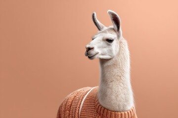 Obraz premium Portrait of a stylish white llama wearing a cozy orange sweater against a warm peach background