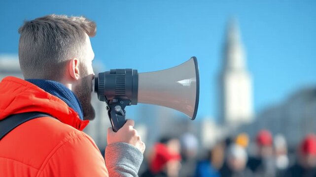 Public Address and Advocacy: A figure passionately addresses a crowd with a megaphone, amplifying their message against a backdrop of historic architecture and a bright sky.