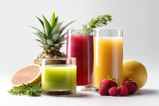 Refreshing colorful fruit and vegetable juices with fresh fruits and rosemary on a clean white background