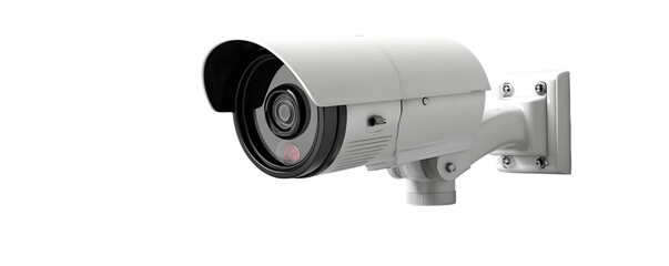 Naklejka premium Isolated Surveillance Camera in White Mounted on Wall with Transparent Background Security and Monitoring Equipment for Indoor and Outdoor Use System, PNG