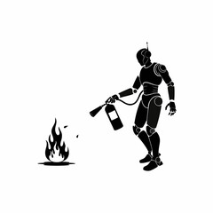 vector silhouette of Firefighter Robot Extinguishing Fire - Emergency Automation