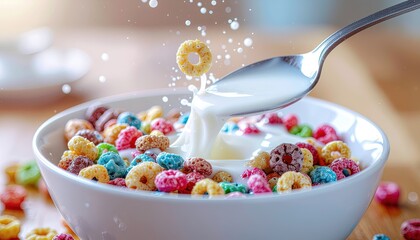 Milk splashing into a bowl of colorful fruit loop cereal with a spoon lifting a drop