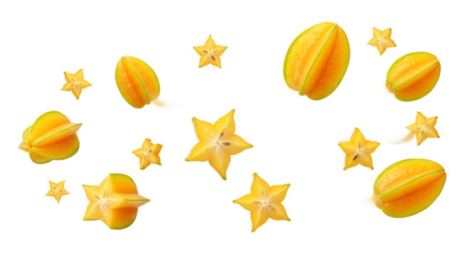 Arrangement of fresh star fruits scattered across a white background, showcasing their unique star shape and vibrant yellow-green color