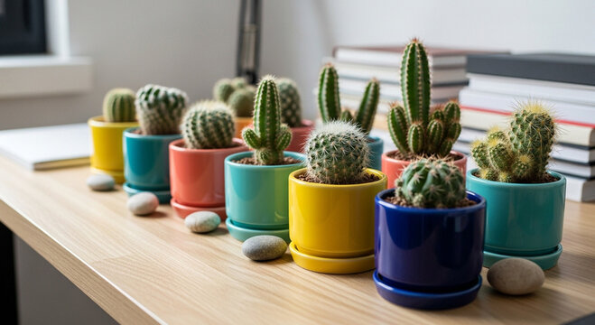 Assortment of Small Potted Cacti Lined Up on a Wooden Desk cactus succulent