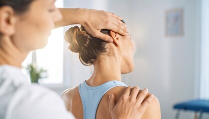 Female patient receiving neck and head adjustment from a physical therapist in a bright clinic