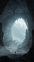 Mysterious cave entrance with a lone figure in a dramatic landscape