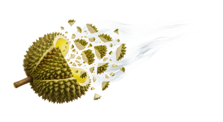 Explosion of Durian Fruit Revealing its Delicious Pulp and Seeds in a Burst of Flavor and Aroma