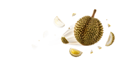 Exotic Durian Fruit and Its Luscious Slices Floating in a Dynamic Composition on a Pristine White Background, Showcasing Tropical Delicacy and Unique Spiky Texture