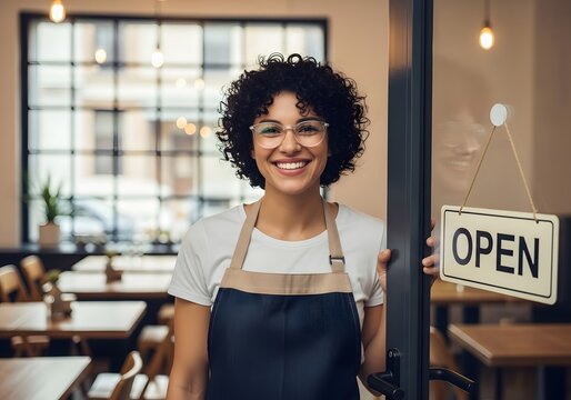 Happy Female Cafe Owner Standing by Open Sign Smiling to Camera Small Business