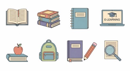 A set of eight colorful flat design icons representing various educational items and concepts like books, e-learning, school supplies, and study tools.
