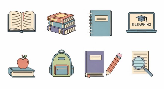 A set of eight colorful flat design icons representing various educational items and concepts like books, e-learning, school supplies, and study tools.
