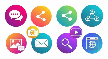 Collection of eight colorful gradient social media and digital communication icons.