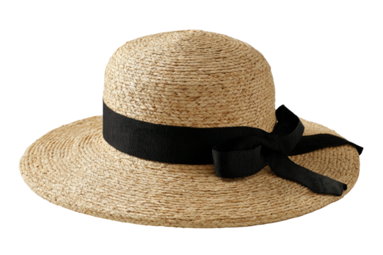 Woven hat with a black ribbon