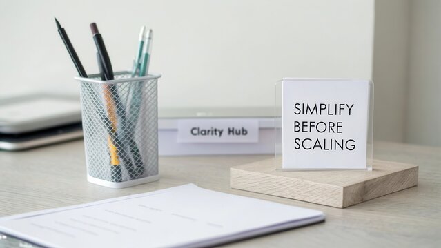 Minimalistic workspace with a focus on productivity and organization featuring a motivational quote and office supplies