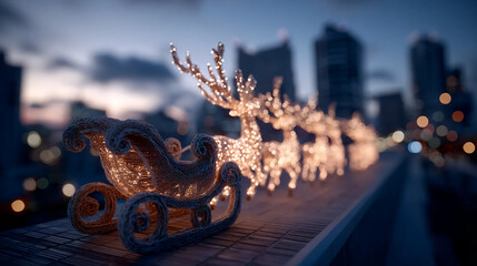 Christmas rooftop decor, glowing reindeer sleigh, festive city lights
