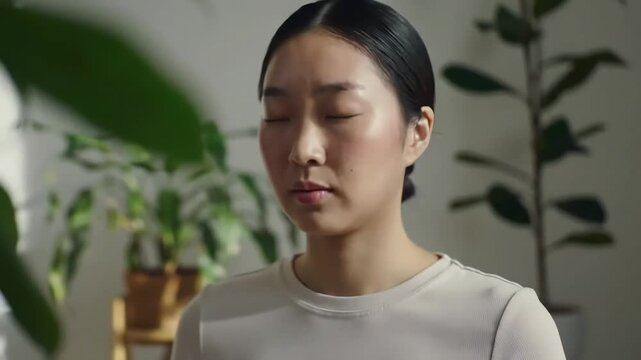 Calm Asian woman practicing mindfulness meditation in bright, modern home, promoting wellness and inner peace with slow, deliberate breathing techniques