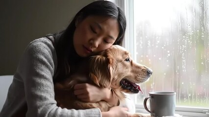 Cozy rainy day indoors with a golden retriever and warm drink showing love and companionship, perfect for pet adoption campaigns and heartwarming moments