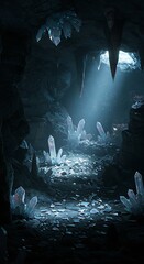 Mysterious cave illuminated by light with sparkling crystalline structures