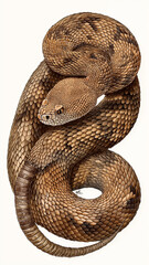 Obraz premium Large brown diamondback rattlesnake is coiled up, showcasing its intricate scale pattern and distinctive rattles. snake texture and coloration are vividly detailed, evoking sense of realism