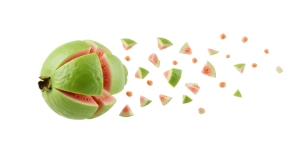 Detailed creative food concept of a ripe green guava with pink pulp bursting into numerous small slices and juicy seeds against an isolated white background