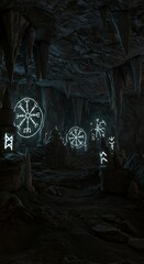 Mysterious cave illuminated with glowing symbols and intricate rock formations