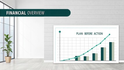 Modern Financial Overview Chart Displayed on Wall in Bright Office Space with Green Plant and Large Windows