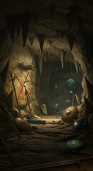 Mysterious cave interior with ancient artifacts and stylized illustration