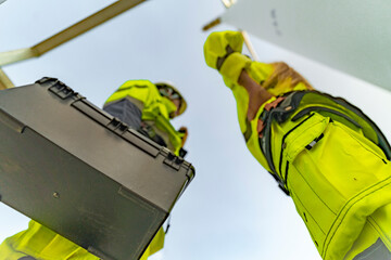 A team of engineers celebrates success after completing wind turbine maintenance at a wind farm....