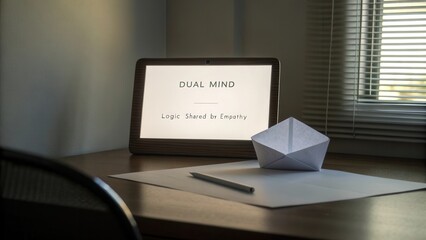 Modern Workspace with Tablet Displaying Philosophy of Dual Mind and Paper Origami on Table for Creative Inspiration