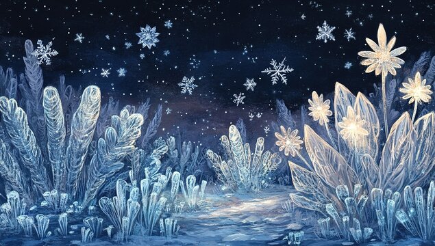 A magical night scene with glowing snowflakes falling on an icy field, surrounded by crystal-clear ice plants and twinkling stars in the sky. - Powered by Adobe