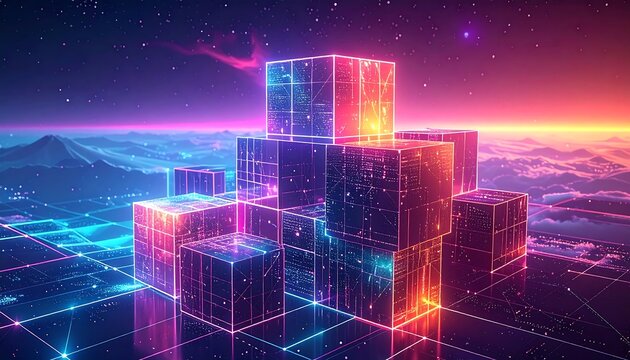 Neon Cubes in a Digital Landscape - A Futuristic Vision.