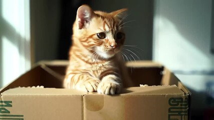 Adorable ginger cat playfully exploring a cardboard box, peering out with curious eyes, full of innocent charm and feline antics