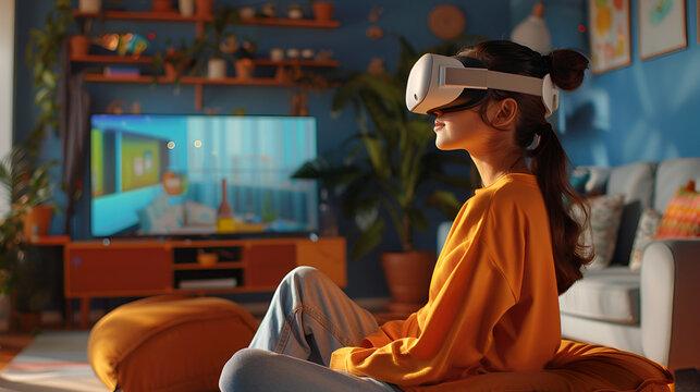 Young woman immersed in virtual reality wearing vr headset while sitting in a cozy living room space - Powered by Adobe