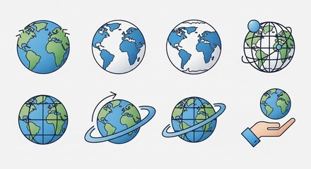 Collection of various Earth globe illustrations showing different perspectives, rotation, and a hand holding a small planet.
