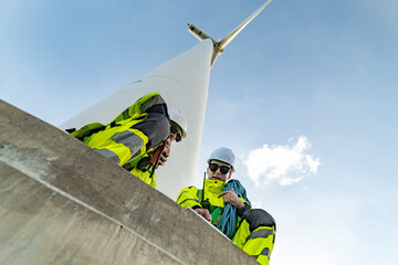Team of engineers in reflective work suits join hands to inspect and demonstrate their work and...