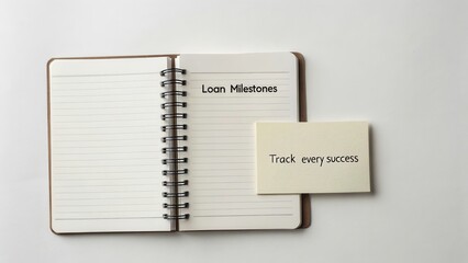 Open notebook with blank pages and sticky note highlighting loan milestones and encouraging tracking of every success